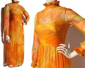 Vintage 70s Cocktail Dress Taffeta & Chiffon Orange Apricot Gown S
