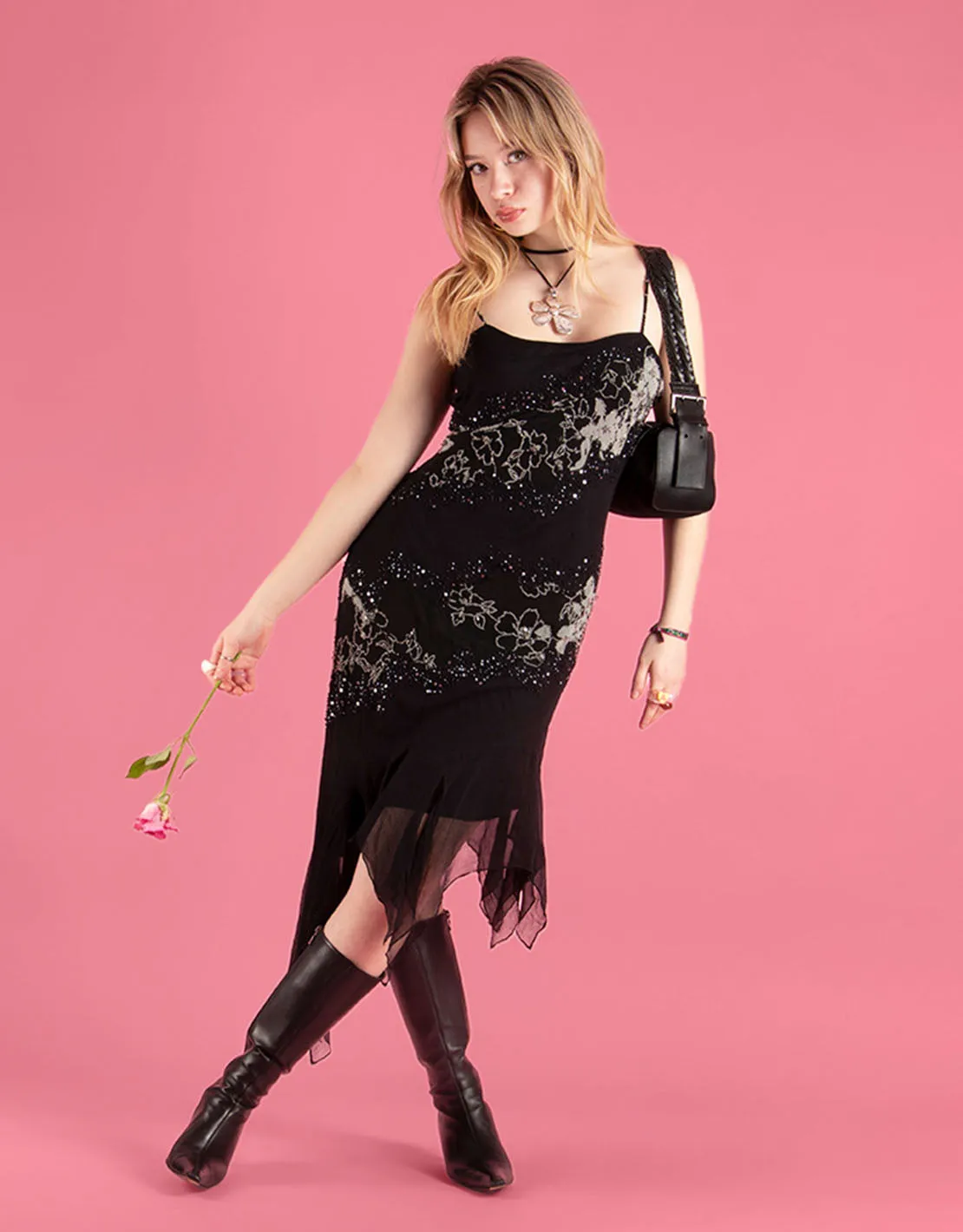 Vintage asymmetric tulle trim dress