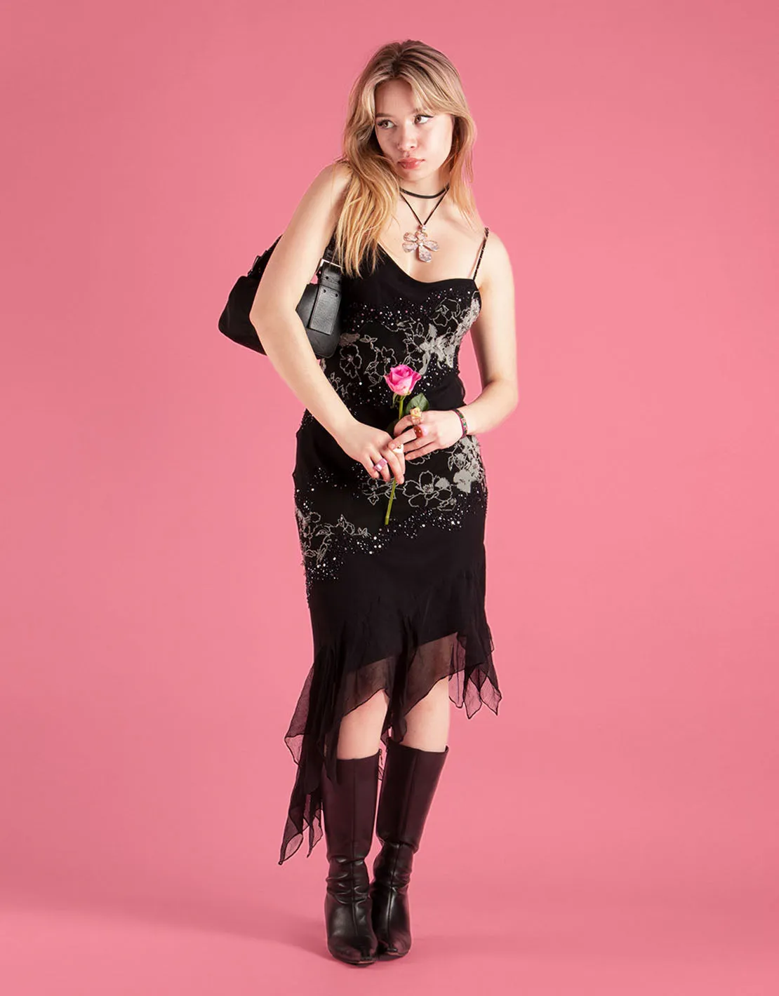 Vintage asymmetric tulle trim dress
