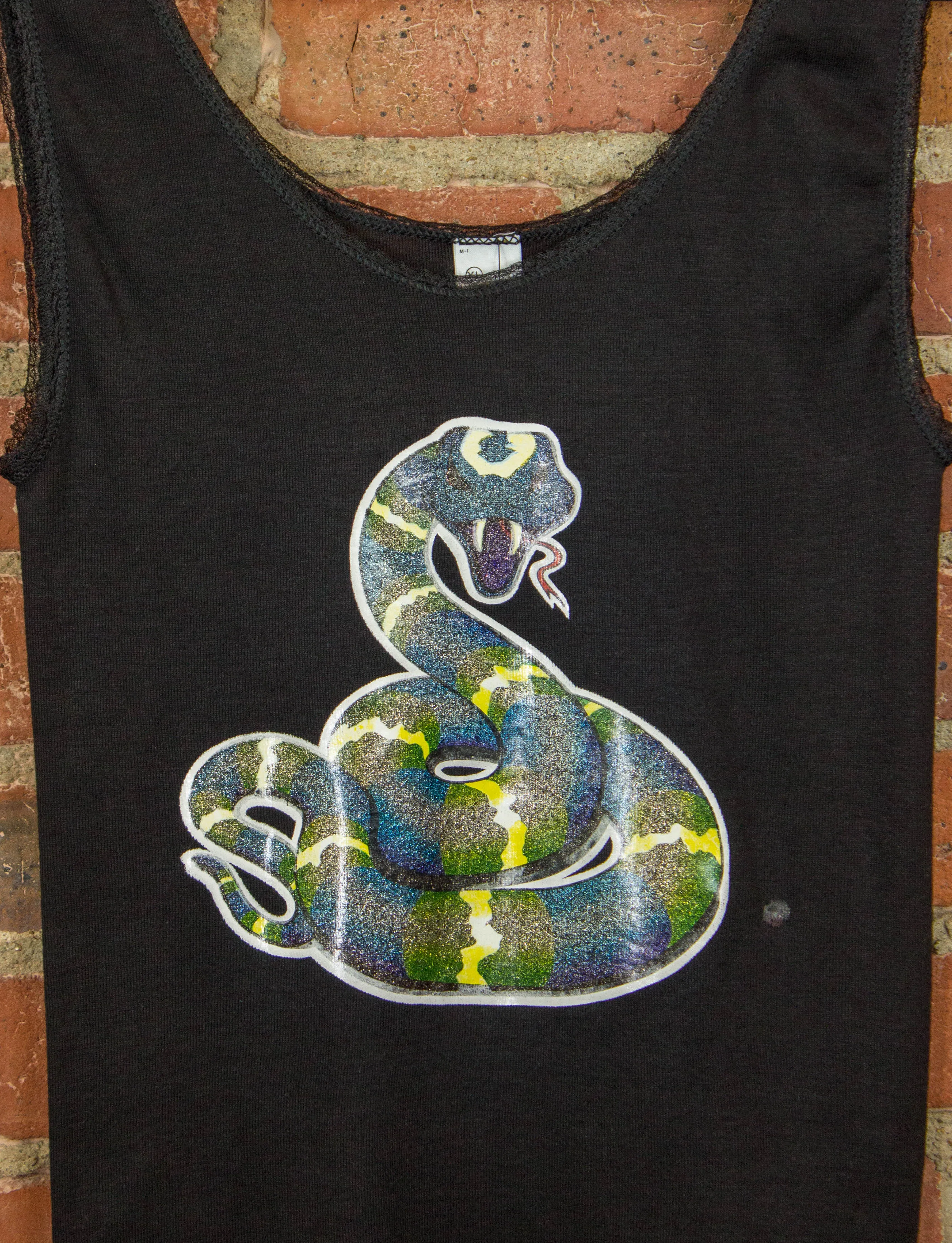 Vintage Glitter Snake Graphic Tank Top 70s Iron On Black Lace Small-Medium
