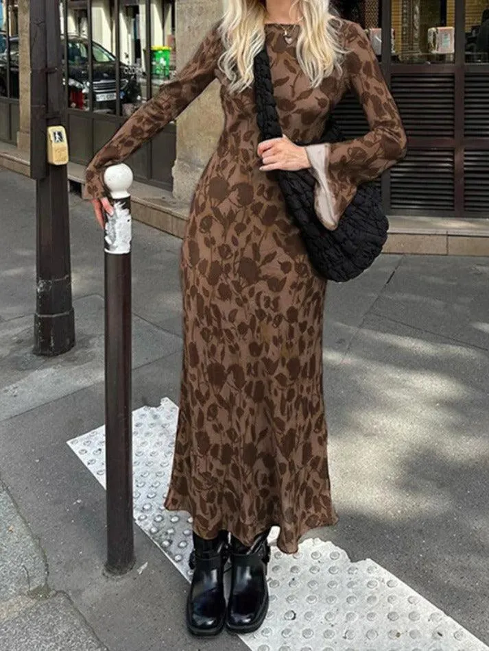 Vintage Print Trumpet Sleeve Maxi Dress