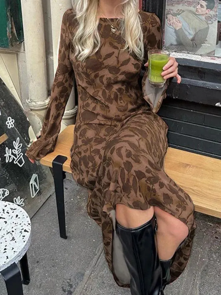 Vintage Print Trumpet Sleeve Maxi Dress
