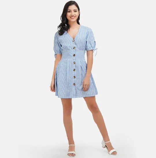White & Blue Striped Cotton A-Line Dress