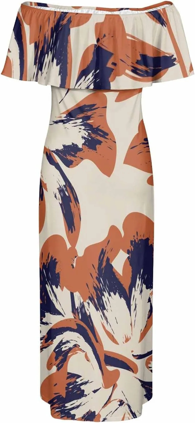 White Beach Dress Floral Pattern with Watercolor Bohemian Strapless Off Shoulder Flowy A Line Beach Long Maxi Dress