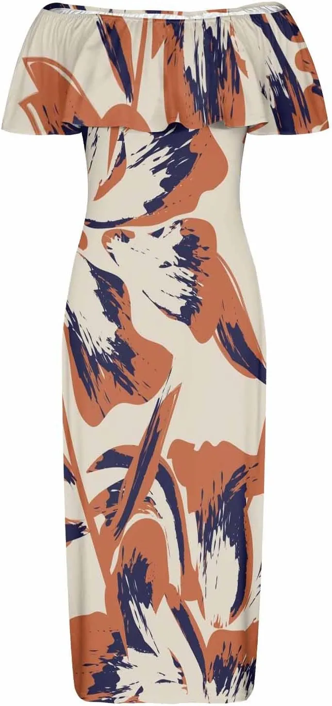 White Beach Dress Floral Pattern with Watercolor Bohemian Strapless Off Shoulder Flowy A Line Beach Long Maxi Dress