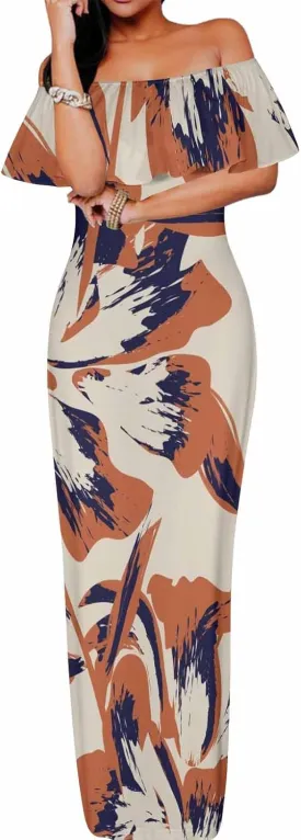 White Beach Dress Floral Pattern with Watercolor Bohemian Strapless Off Shoulder Flowy A Line Beach Long Maxi Dress