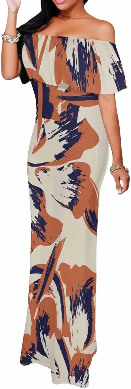 White Beach Dress Floral Pattern with Watercolor Bohemian Strapless Off Shoulder Flowy A Line Beach Long Maxi Dress