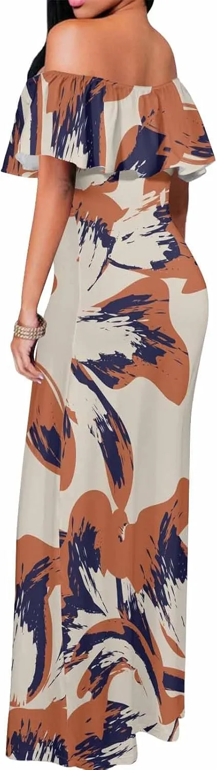 White Beach Dress Floral Pattern with Watercolor Bohemian Strapless Off Shoulder Flowy A Line Beach Long Maxi Dress