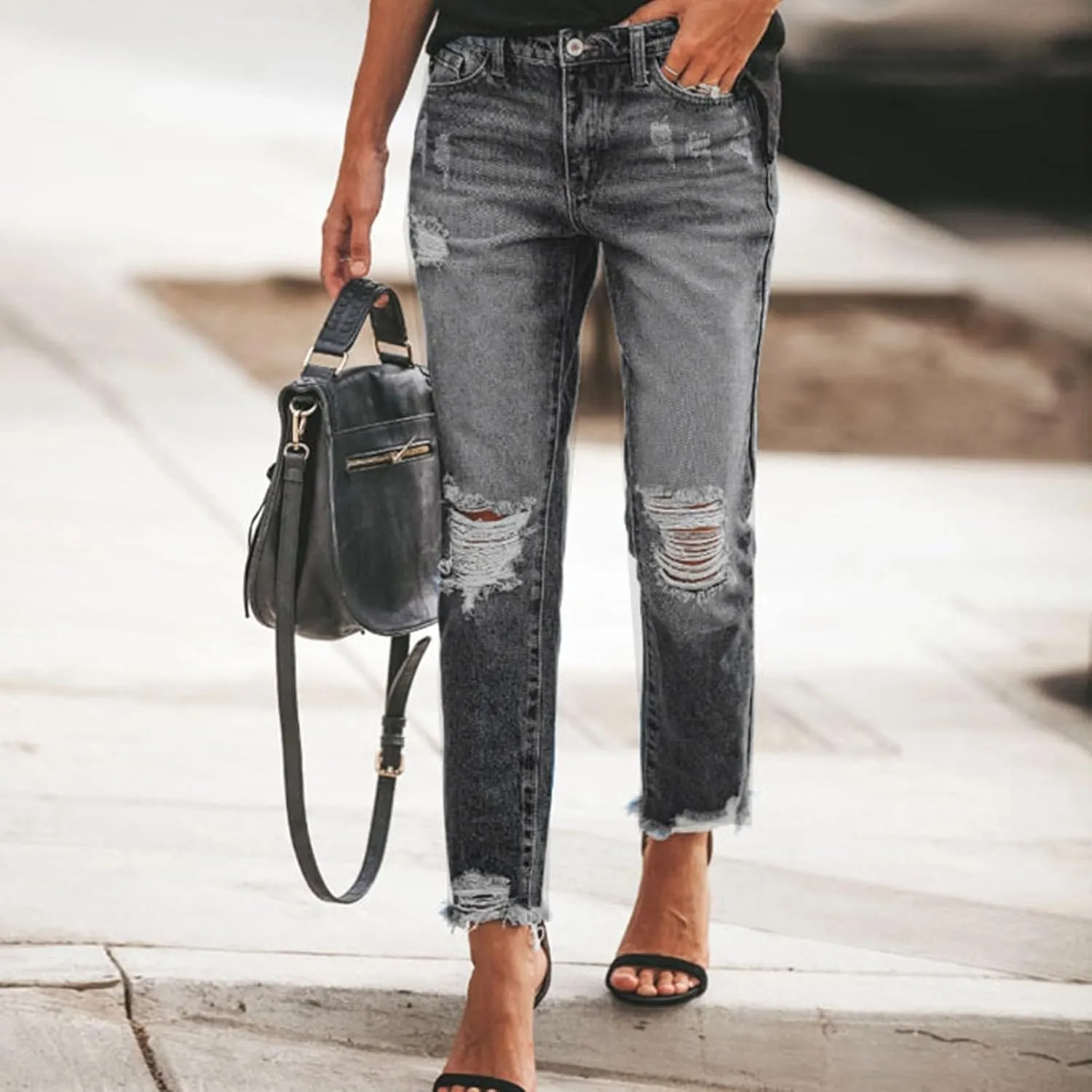 Women Capri Jeans Mid Waisted Ripped Boyfriend Jeans Straight Leg Cropped Jean Raw Hem Distressed Denim Pants