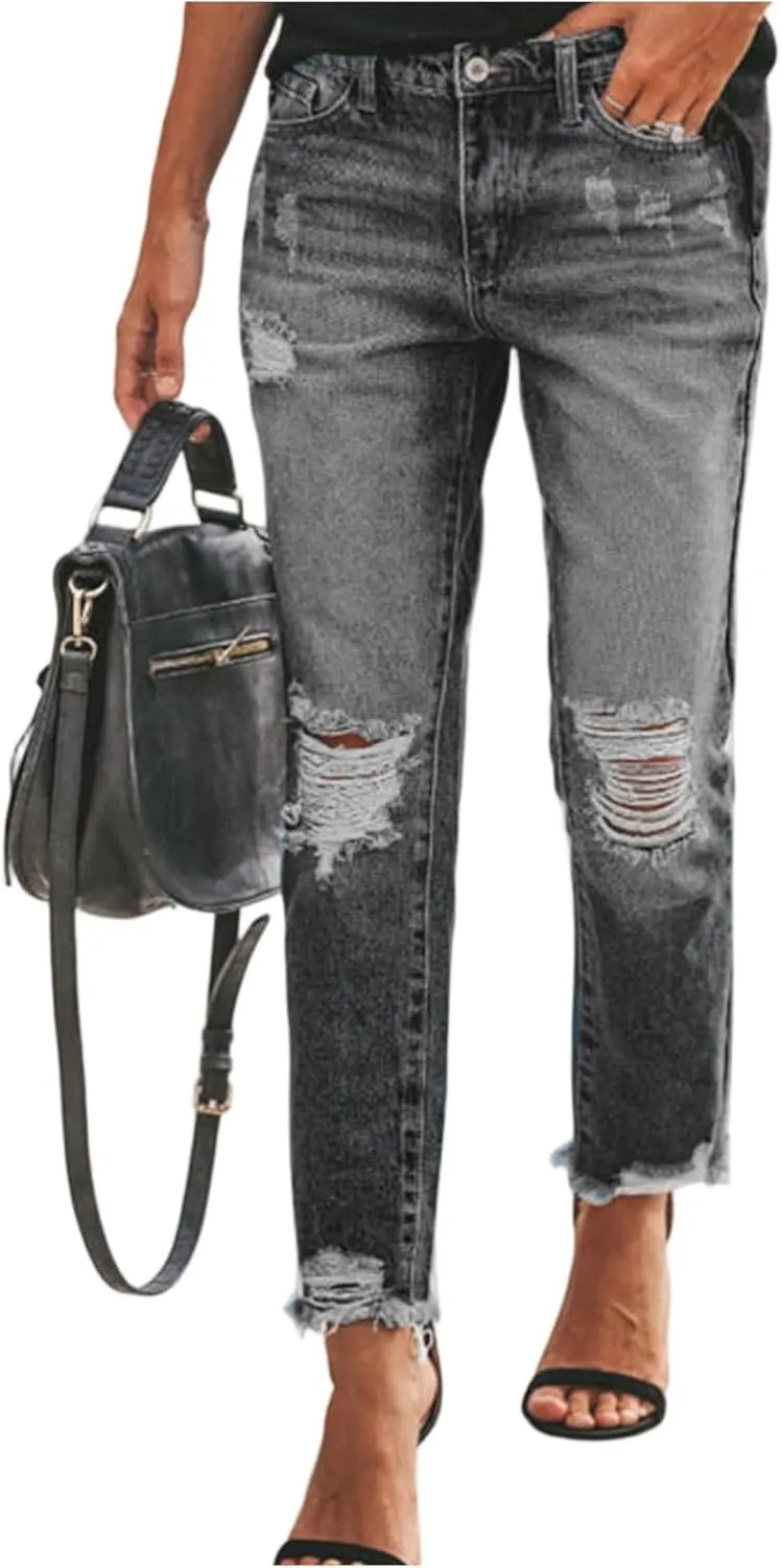 Women Capri Jeans Mid Waisted Ripped Boyfriend Jeans Straight Leg Cropped Jean Raw Hem Distressed Denim Pants