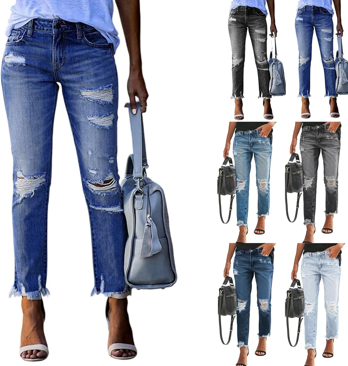 Women Capri Jeans Mid Waisted Ripped Boyfriend Jeans Straight Leg Cropped Jean Raw Hem Distressed Denim Pants