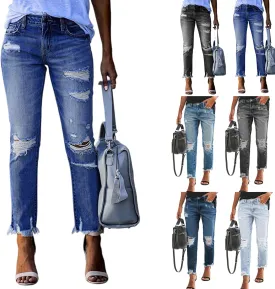 Women Capri Jeans Mid Waisted Ripped Boyfriend Jeans Straight Leg Cropped Jean Raw Hem Distressed Denim Pants