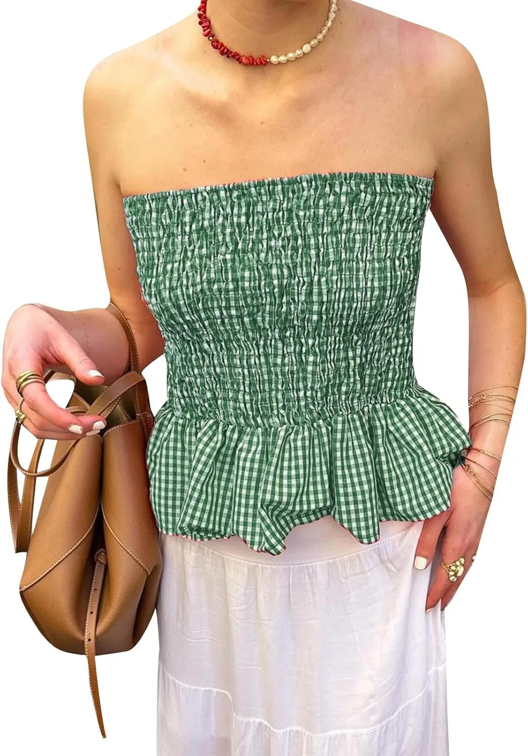 Women Gingham Tube Top Smocked Ruffled Bandeau Tank Shirred Strapless Crop Top Plaid Ruched Backless Summer Tops