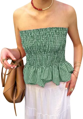 Women Gingham Tube Top Smocked Ruffled Bandeau Tank Shirred Strapless Crop Top Plaid Ruched Backless Summer Tops