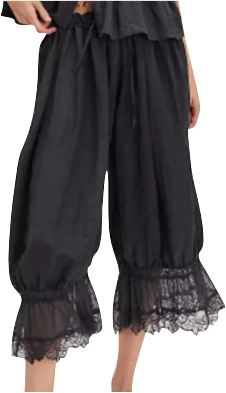Women Lace Trim Long Bloomers Elastic Mid Rise Ruffle Victorian Pantaloons Cropped Pjs Slips Pants Pajama Bottoms