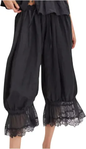 Women Lace Trim Long Bloomers Elastic Mid Rise Ruffle Victorian Pantaloons Cropped Pjs Slips Pants Pajama Bottoms