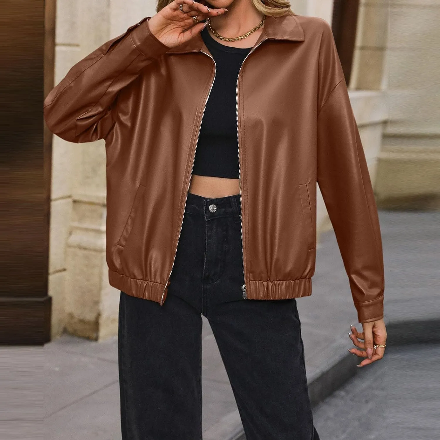 Women Leather Jacket Casual Zip Up Trendy Bomber Motorcycle Jacket Pu Moto Biker Coat Leather Shacket Outwear 2024