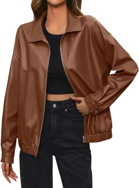 Women Leather Jacket Casual Zip Up Trendy Bomber Motorcycle Jacket Pu Moto Biker Coat Leather Shacket Outwear 2024