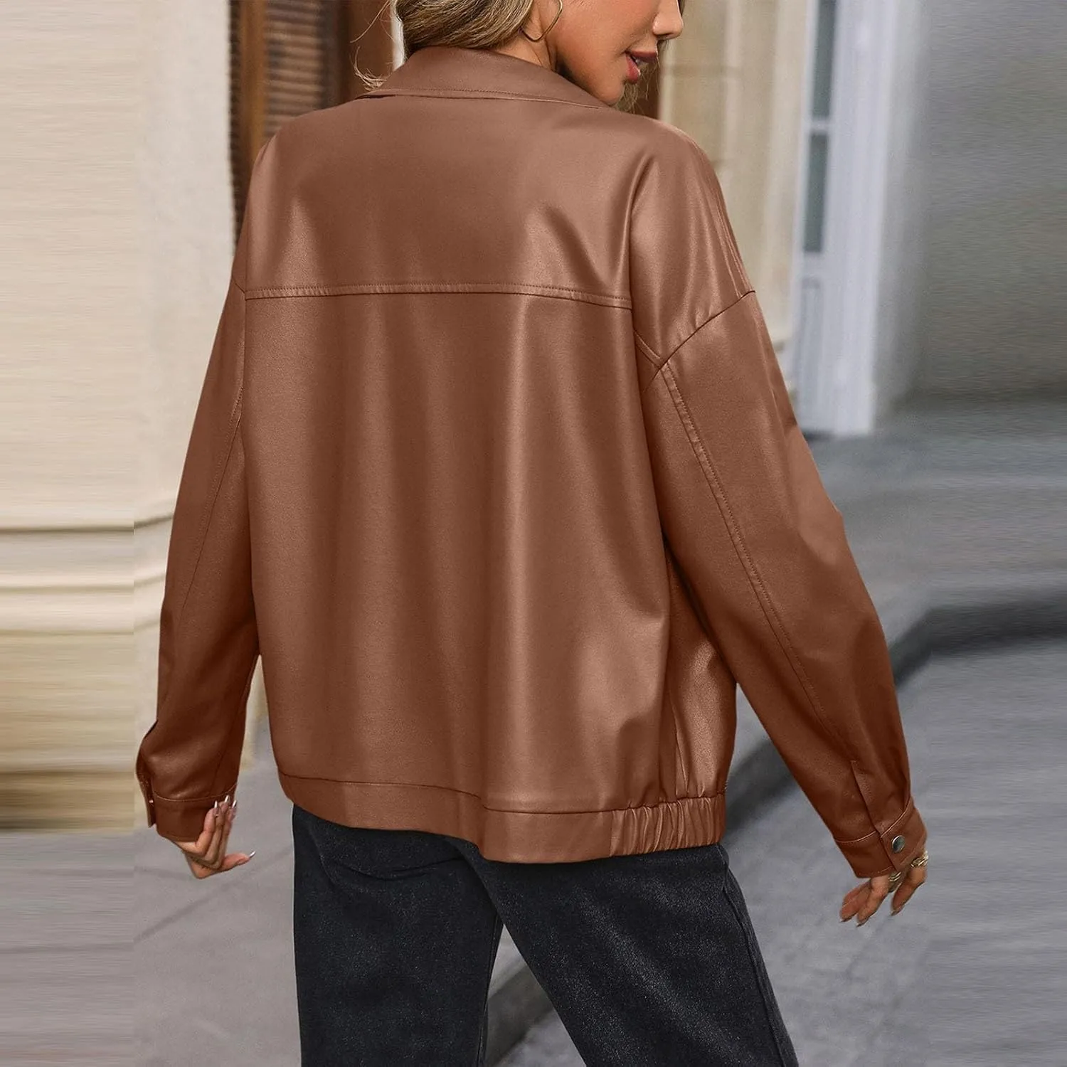 Women Leather Jacket Casual Zip Up Trendy Bomber Motorcycle Jacket Pu Moto Biker Coat Leather Shacket Outwear 2024