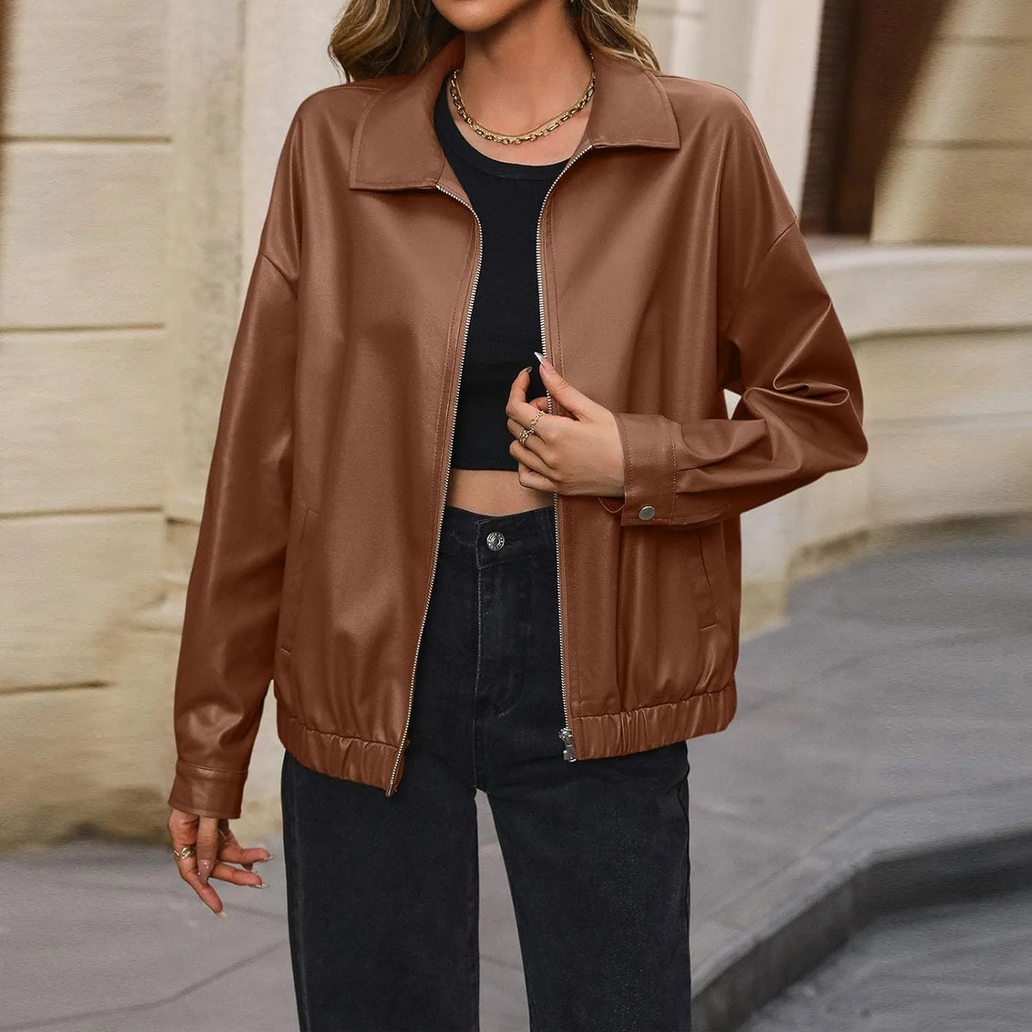 Women Leather Jacket Casual Zip Up Trendy Bomber Motorcycle Jacket Pu Moto Biker Coat Leather Shacket Outwear 2024