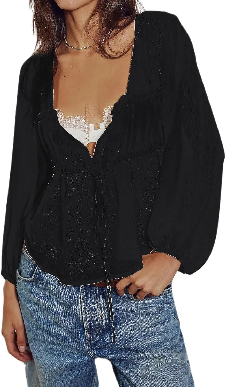 Women Low Cut Sweetheart-Neck Tie Front Top Balloon Long Sleeve Sheer Chiffon Blouse Flowy Boho Ruffle Babydoll Top