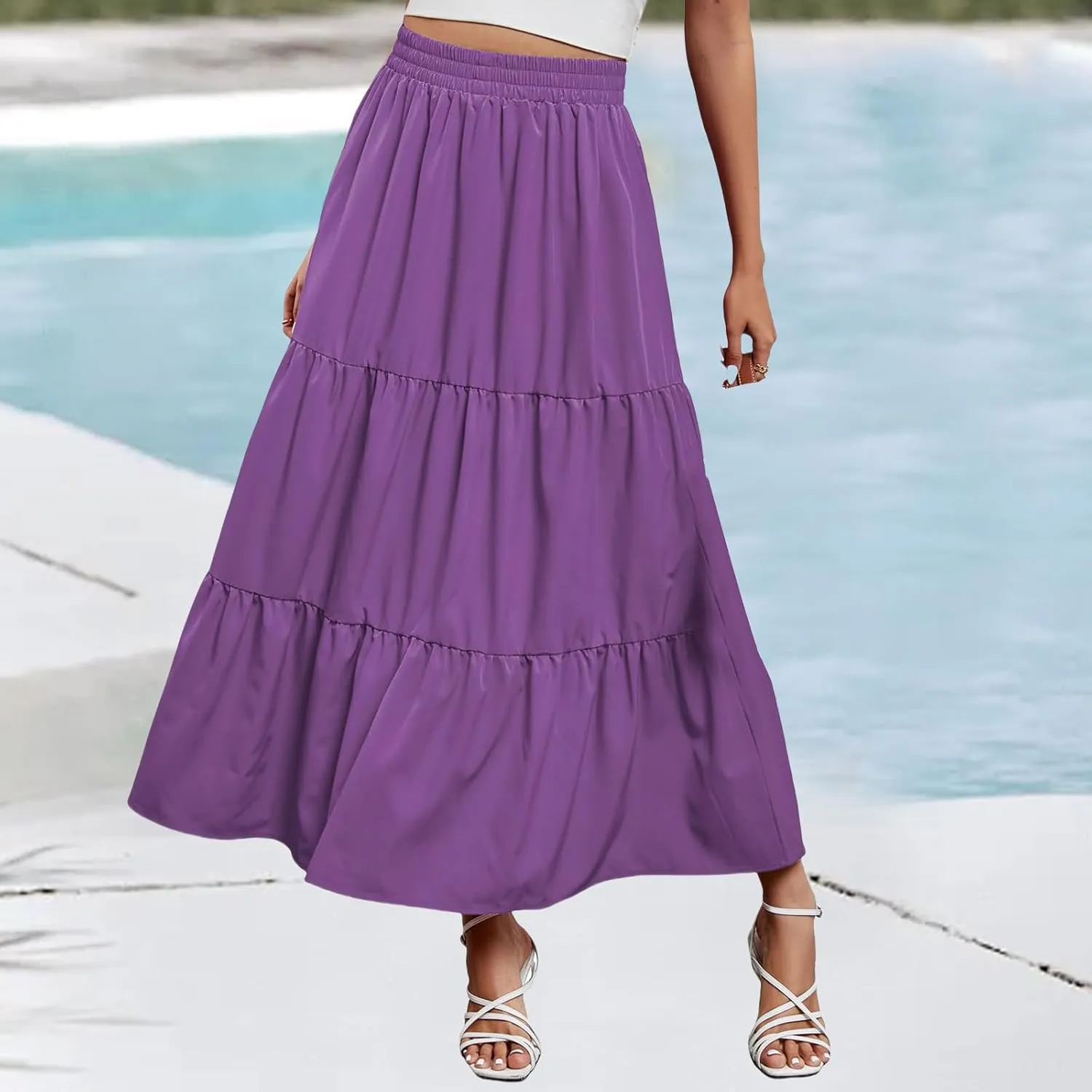 Womens Boho Maxi Skirts Summer Casual Elastic High Waisted Ruffle Hem Skirt Flowy Solid Color A Line Beach Skirts