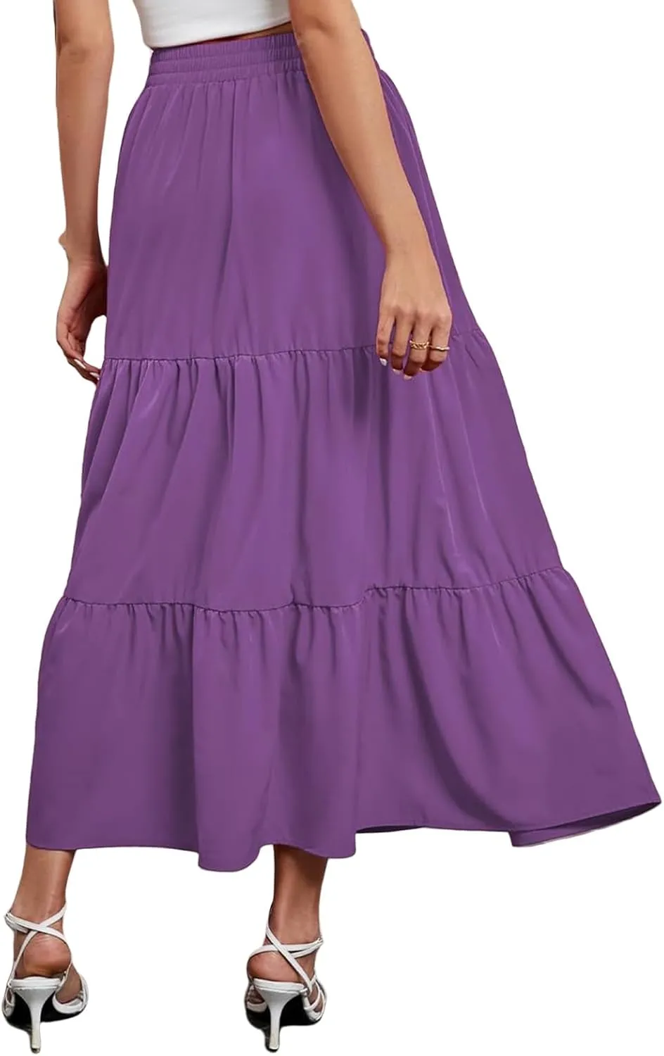 Womens Boho Maxi Skirts Summer Casual Elastic High Waisted Ruffle Hem Skirt Flowy Solid Color A Line Beach Skirts