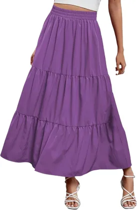 Womens Boho Maxi Skirts Summer Casual Elastic High Waisted Ruffle Hem Skirt Flowy Solid Color A Line Beach Skirts