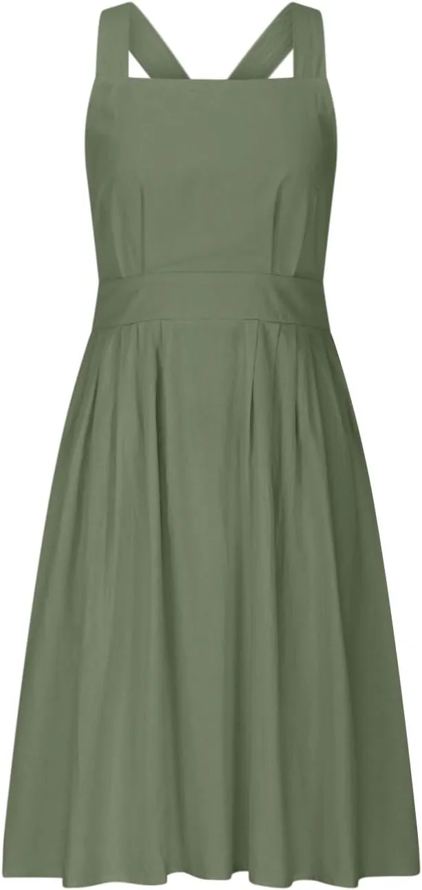 Women's Cotton Linen Summer Dress Sexy Criss Cross Back Cute Bow Pleated A-Line Dresses Holiday Beach Sundress