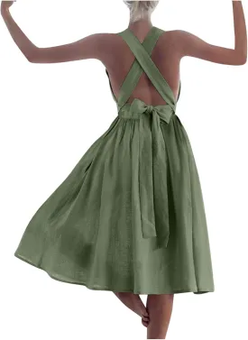 Women's Cotton Linen Summer Dress Sexy Criss Cross Back Cute Bow Pleated A-Line Dresses Holiday Beach Sundress