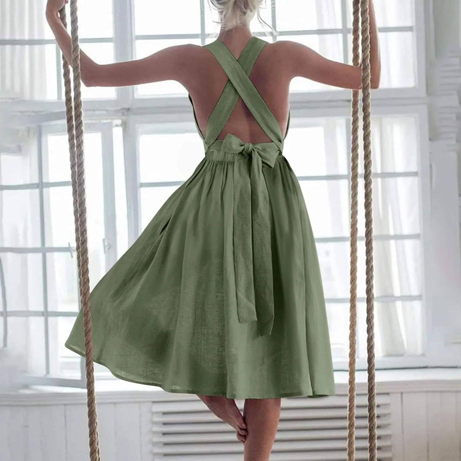 Women's Cotton Linen Summer Dress Sexy Criss Cross Back Cute Bow Pleated A-Line Dresses Holiday Beach Sundress