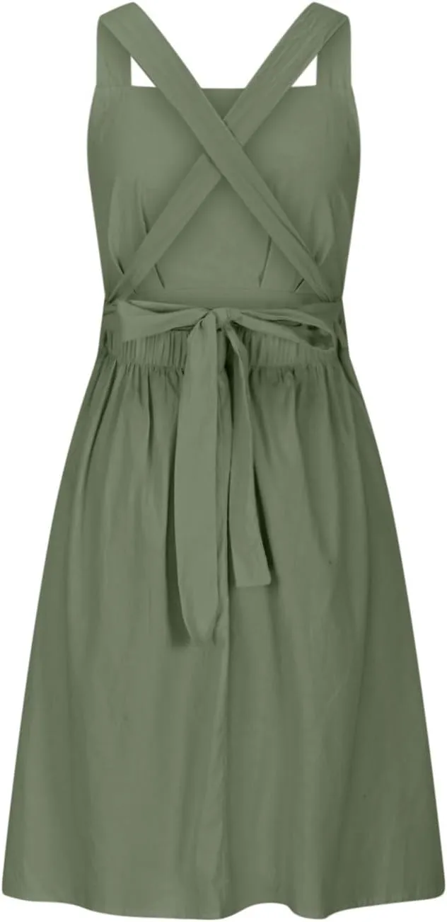 Women's Cotton Linen Summer Dress Sexy Criss Cross Back Cute Bow Pleated A-Line Dresses Holiday Beach Sundress
