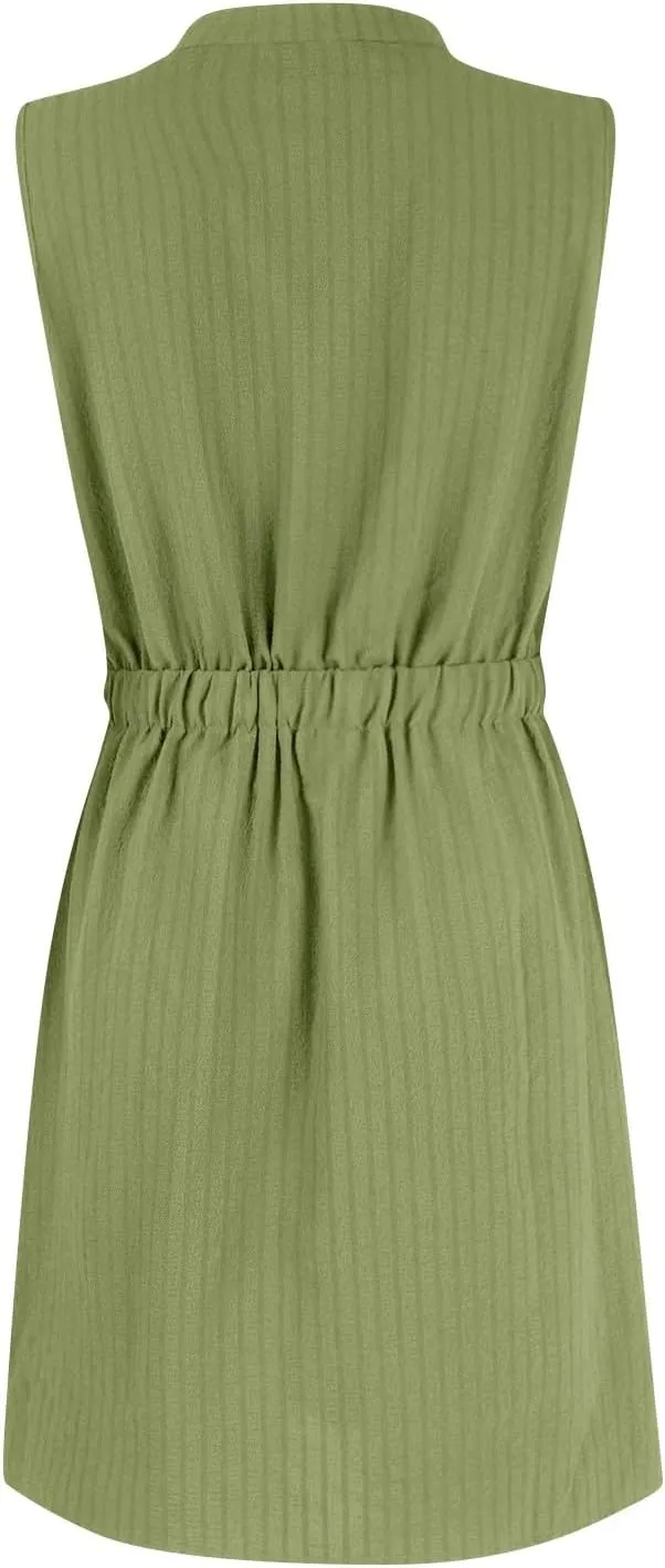 Womens Dresses Summer 2025 Trendy Sleeveless Dress Button V Neck Dress Drawstring Midi Dress Beach Sun Dresses