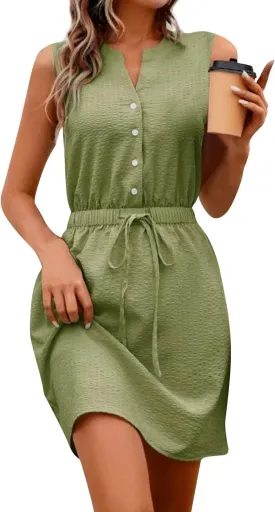 Womens Dresses Summer 2025 Trendy Sleeveless Dress Button V Neck Dress Drawstring Midi Dress Beach Sun Dresses