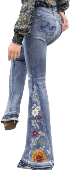 Women's Flare Jeans Vintage Bell Bottoms Floral Embroidered Jeans Plus Size Hippie Pants Butt Lifting Flared Pants