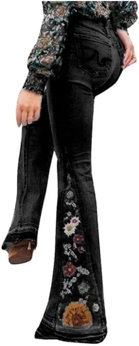 Women's Flare Jeans Vintage Bell Bottoms Floral Embroidered Jeans Plus Size Hippie Pants Butt Lifting Flared Pants