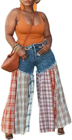 Women's High Waist Patchwork Flare Jeans Plaid Bell Bottom Ruffle Hem Denim Long Pants Trousers