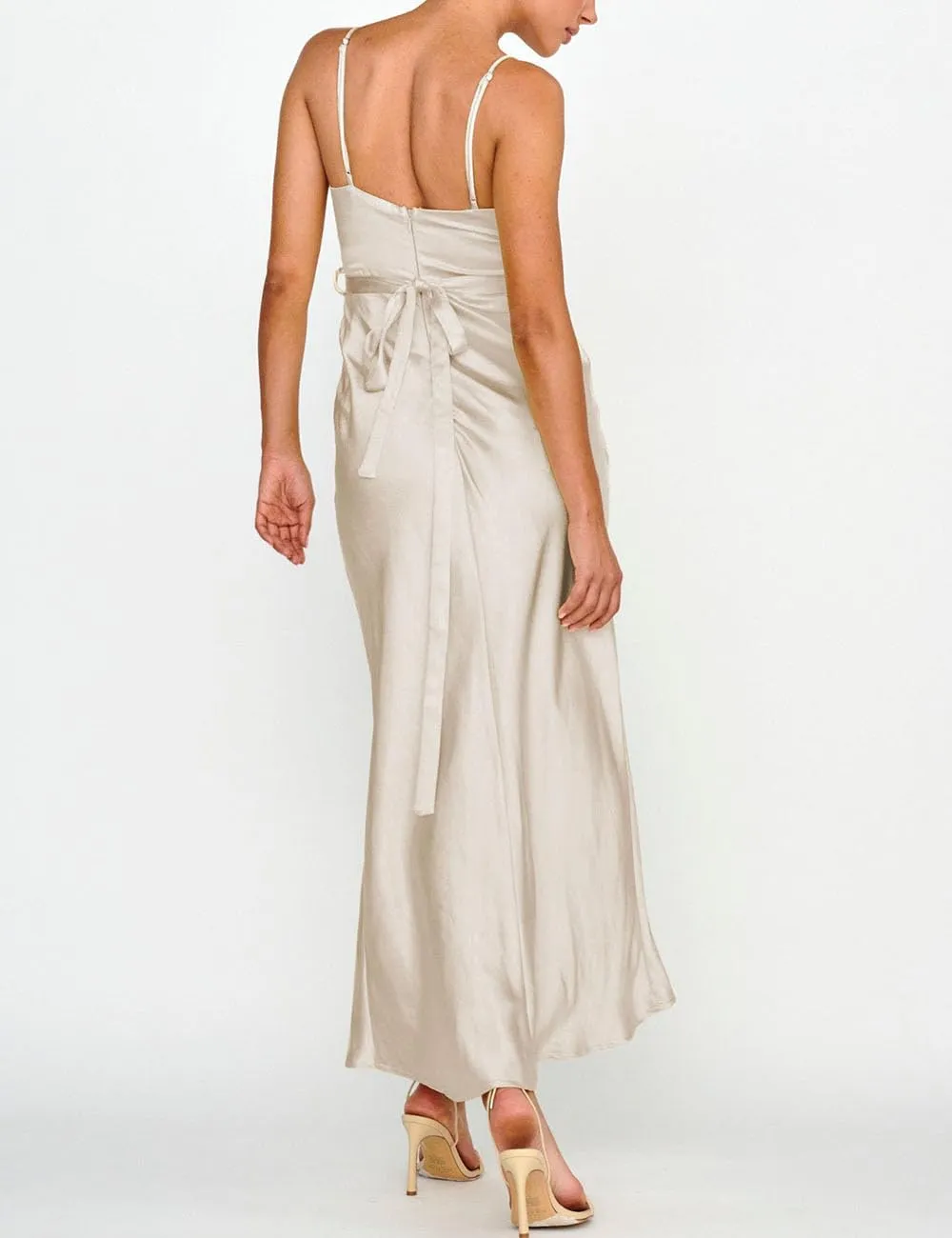 Women's Satin Spaghetti Strap Cowl Neck Backless Midi Wedding Guest Dress Ruched Sleeveless Tie Summer Dresses