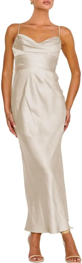 Women's Satin Spaghetti Strap Cowl Neck Backless Midi Wedding Guest Dress Ruched Sleeveless Tie Summer Dresses