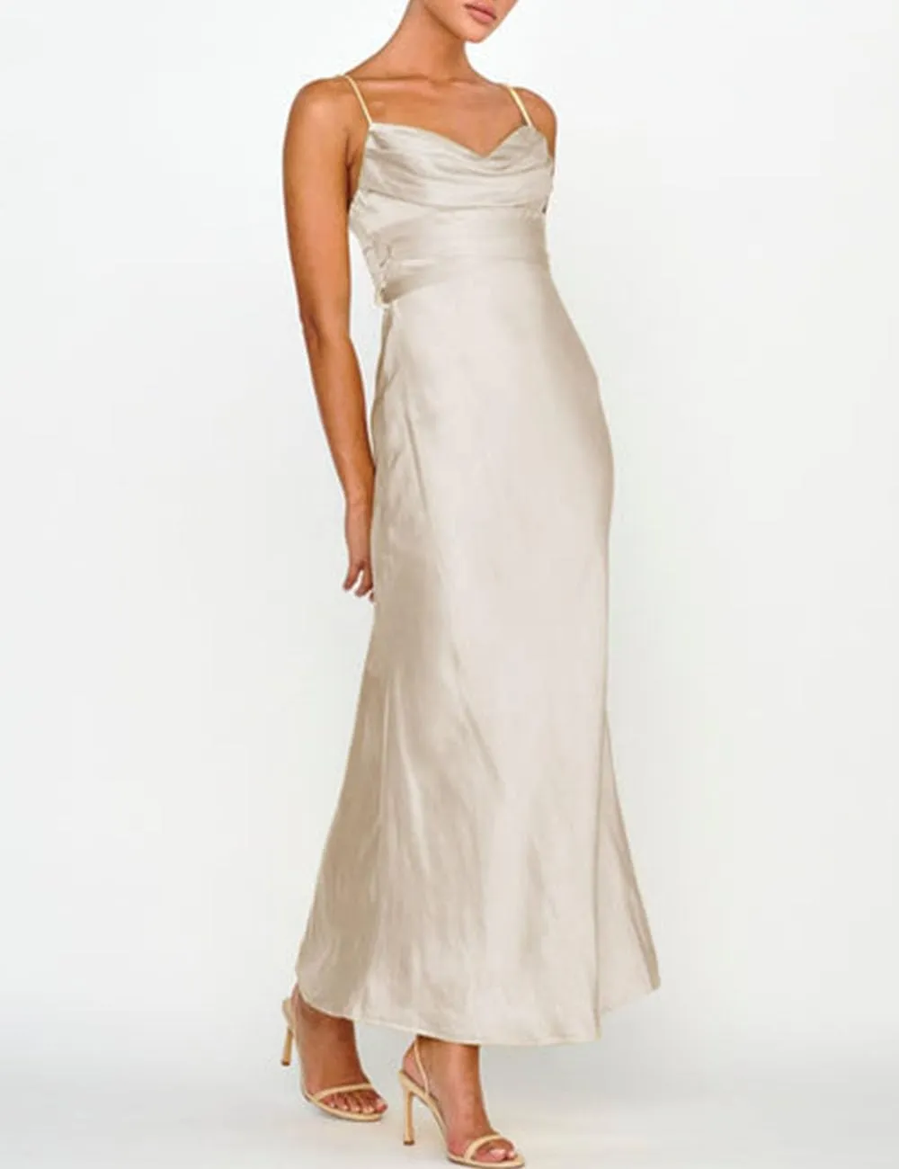 Women's Satin Spaghetti Strap Cowl Neck Backless Midi Wedding Guest Dress Ruched Sleeveless Tie Summer Dresses