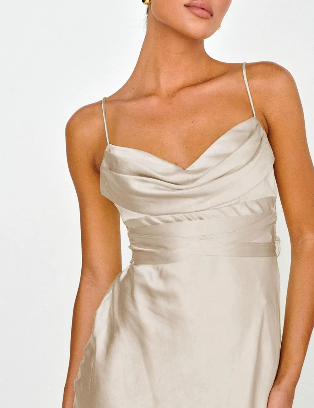 Women's Satin Spaghetti Strap Cowl Neck Backless Midi Wedding Guest Dress Ruched Sleeveless Tie Summer Dresses