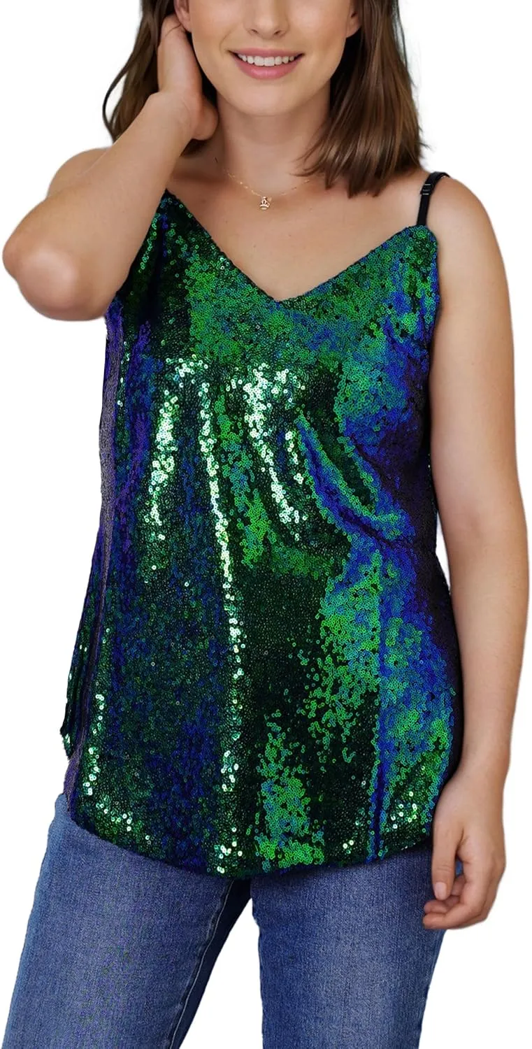 Womens Sequin Tank Top Sparkly V Neck Sleeveless Cami Top Shimmer Glitter Camisole Summer Going Out Vest