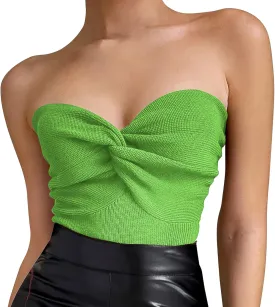 Women's Sexy Crop Tops Strapless Twisted Front Ribbed Knit Tube Top Sleeveless Sweetheart Neck Y2K Camisole Tank Top