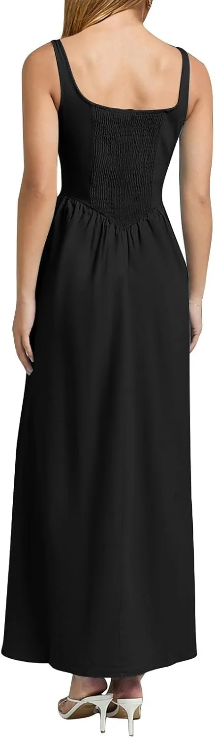 Womens Slip Maxi Dress Sexy Pleated Bodycon Dresses Sleeveless Square Neck Flowy Swing Long Dress 2025
