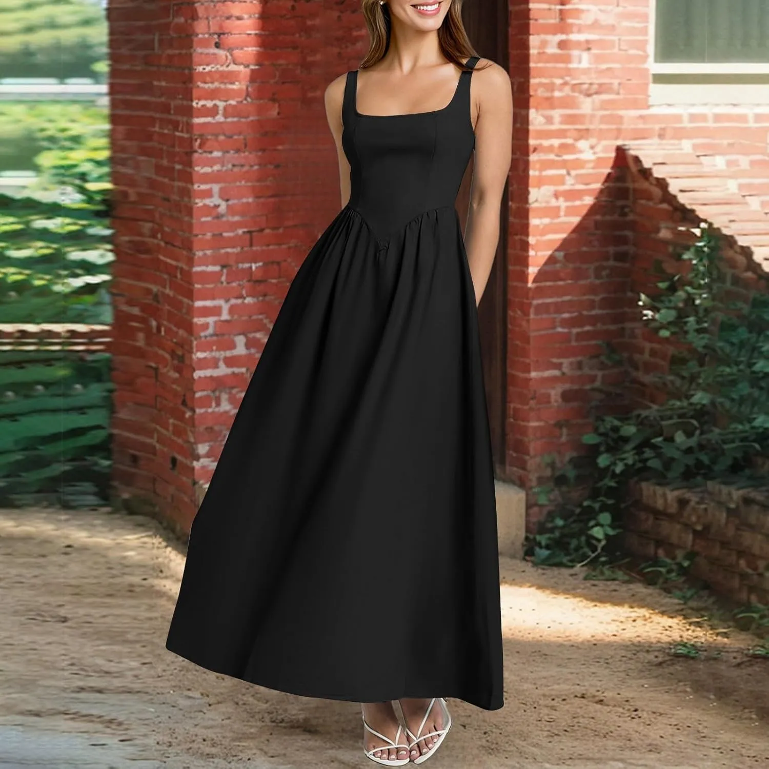 Womens Slip Maxi Dress Sexy Pleated Bodycon Dresses Sleeveless Square Neck Flowy Swing Long Dress 2025