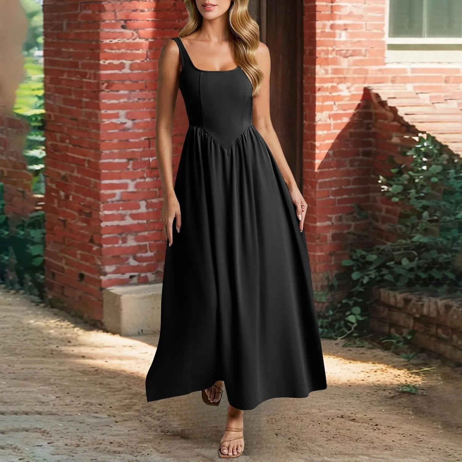 Womens Slip Maxi Dress Sexy Pleated Bodycon Dresses Sleeveless Square Neck Flowy Swing Long Dress 2025