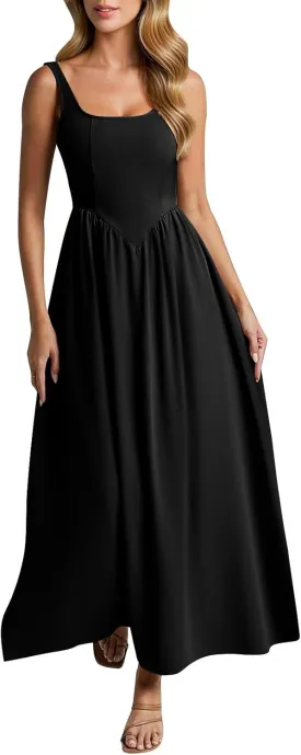 Womens Slip Maxi Dress Sexy Pleated Bodycon Dresses Sleeveless Square Neck Flowy Swing Long Dress 2025