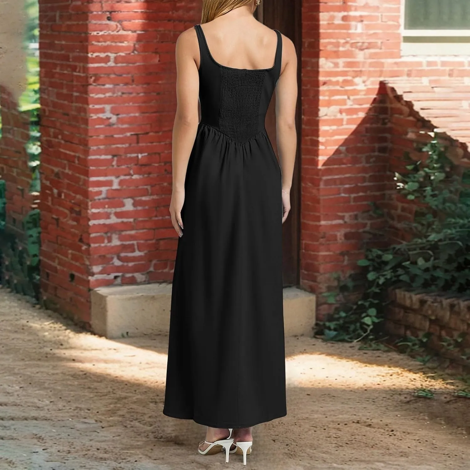 Womens Slip Maxi Dress Sexy Pleated Bodycon Dresses Sleeveless Square Neck Flowy Swing Long Dress 2025