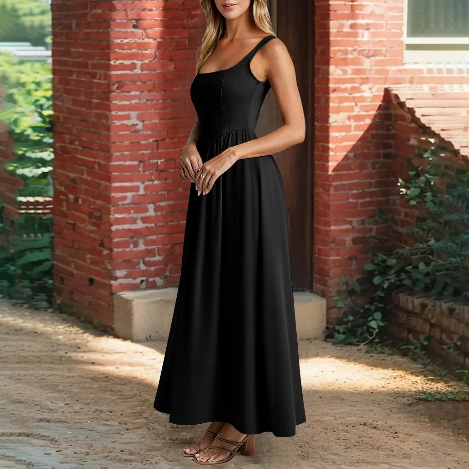 Womens Slip Maxi Dress Sexy Pleated Bodycon Dresses Sleeveless Square Neck Flowy Swing Long Dress 2025