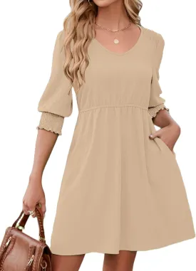 Womens Spring Summer Tunic Dress Short Sleeve V Neck Casual Loose Flowy Swing Mini Shift Dresses with Pockets